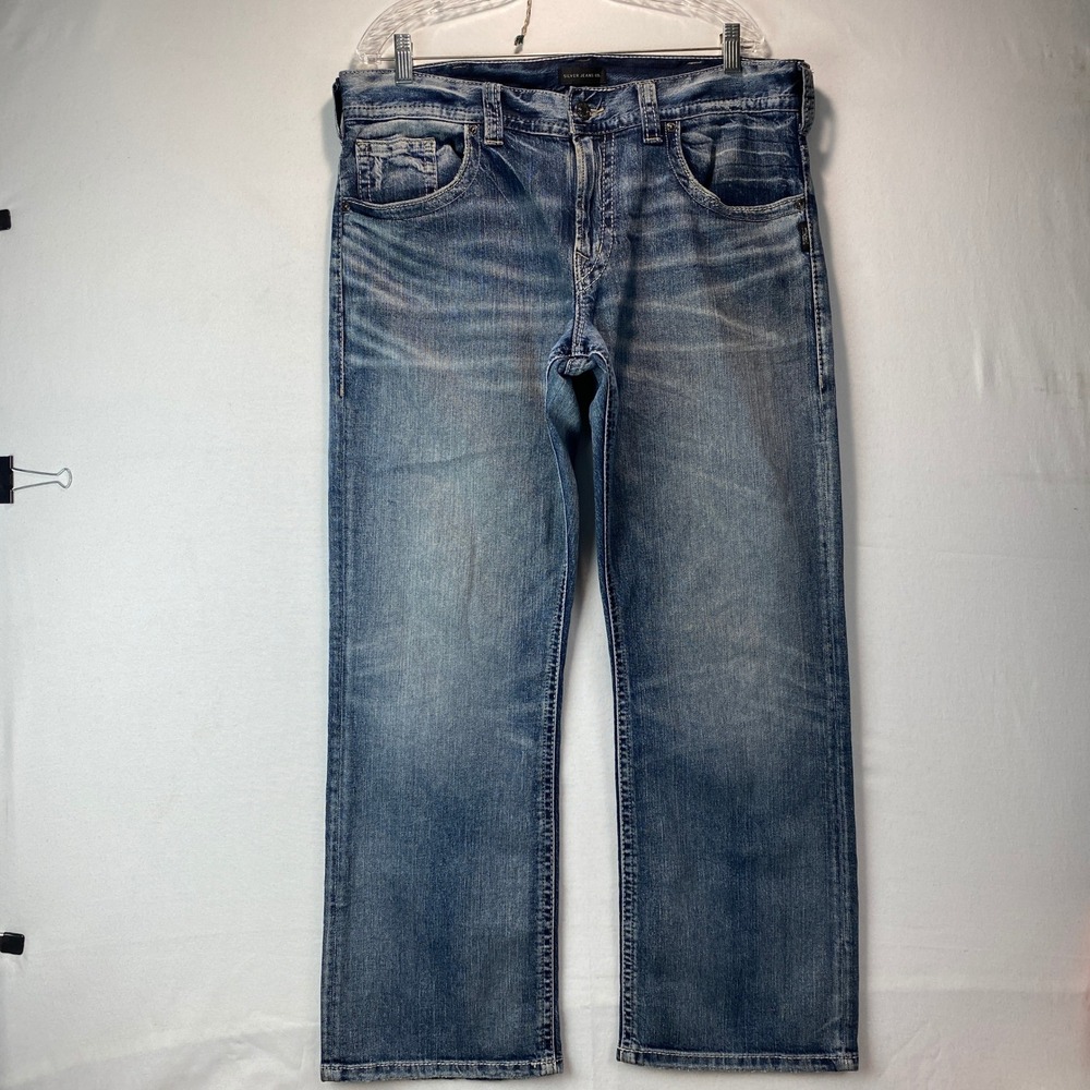 Silver Jeans Co Gordie Loose Fit Mens 36x30 Blue Medium Wash Whiskered Denim